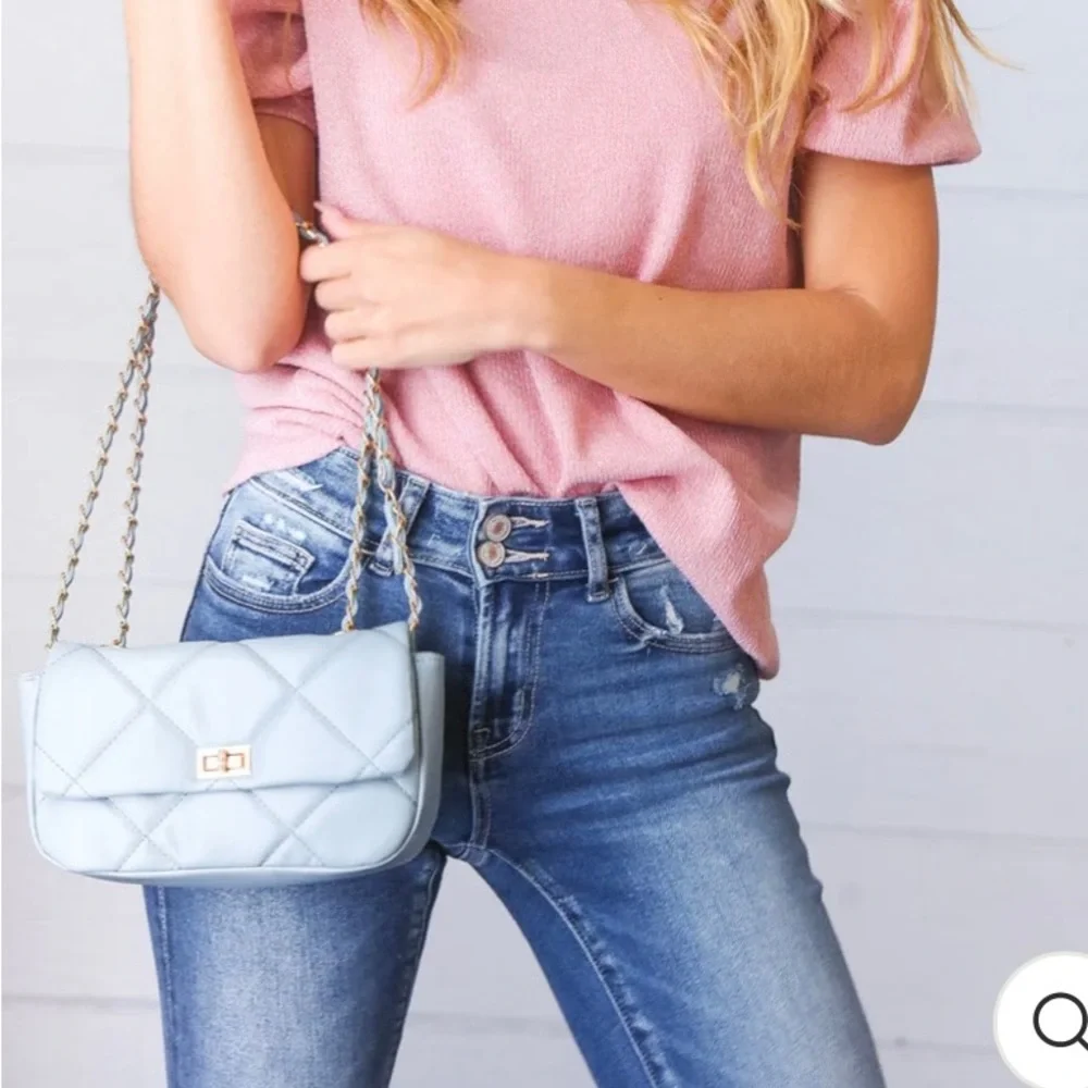 New Dusty Blue Rectangular Quilted Chain Strap Clasp Bag - Picture 2 of 8